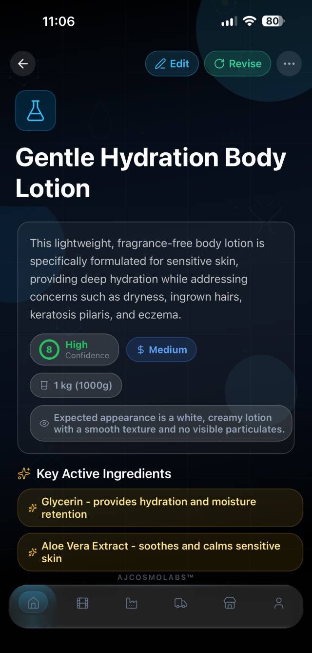 The AJ Cosmo Labs iPhone app showing an AI-generated formulation for a gentle hydration body lotion, with its confidence score, batch size, key active ingredients and Edit and Revise actions.